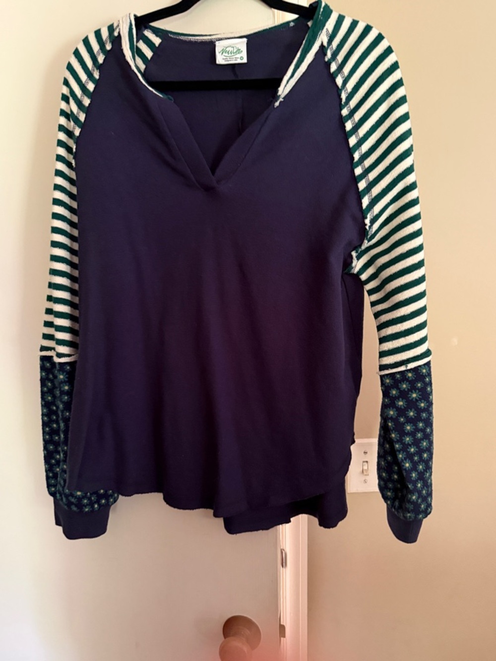 New'de Navy Top with Green Logo Accent